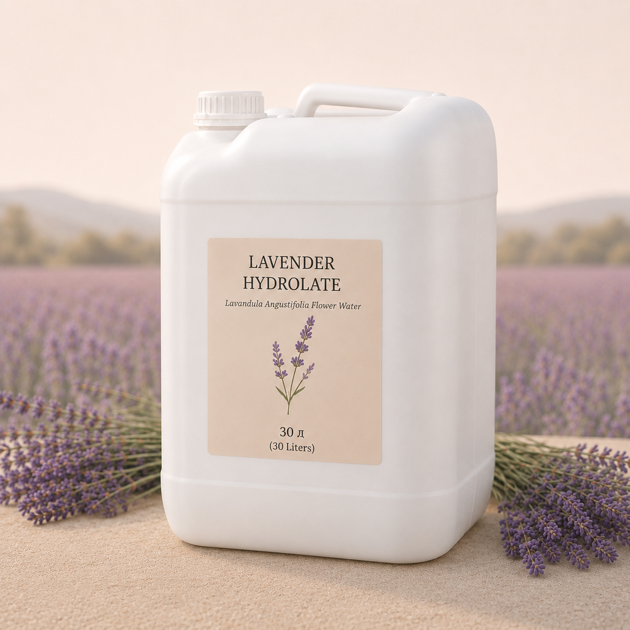 Lavender hydrosol in 30 L plastic jerrycans
