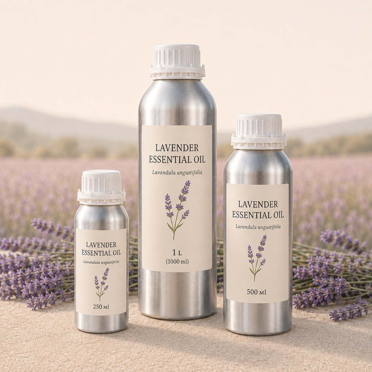 Lavender essential oil in 250 ml, 500 ml, and 1 L aluminum bottles